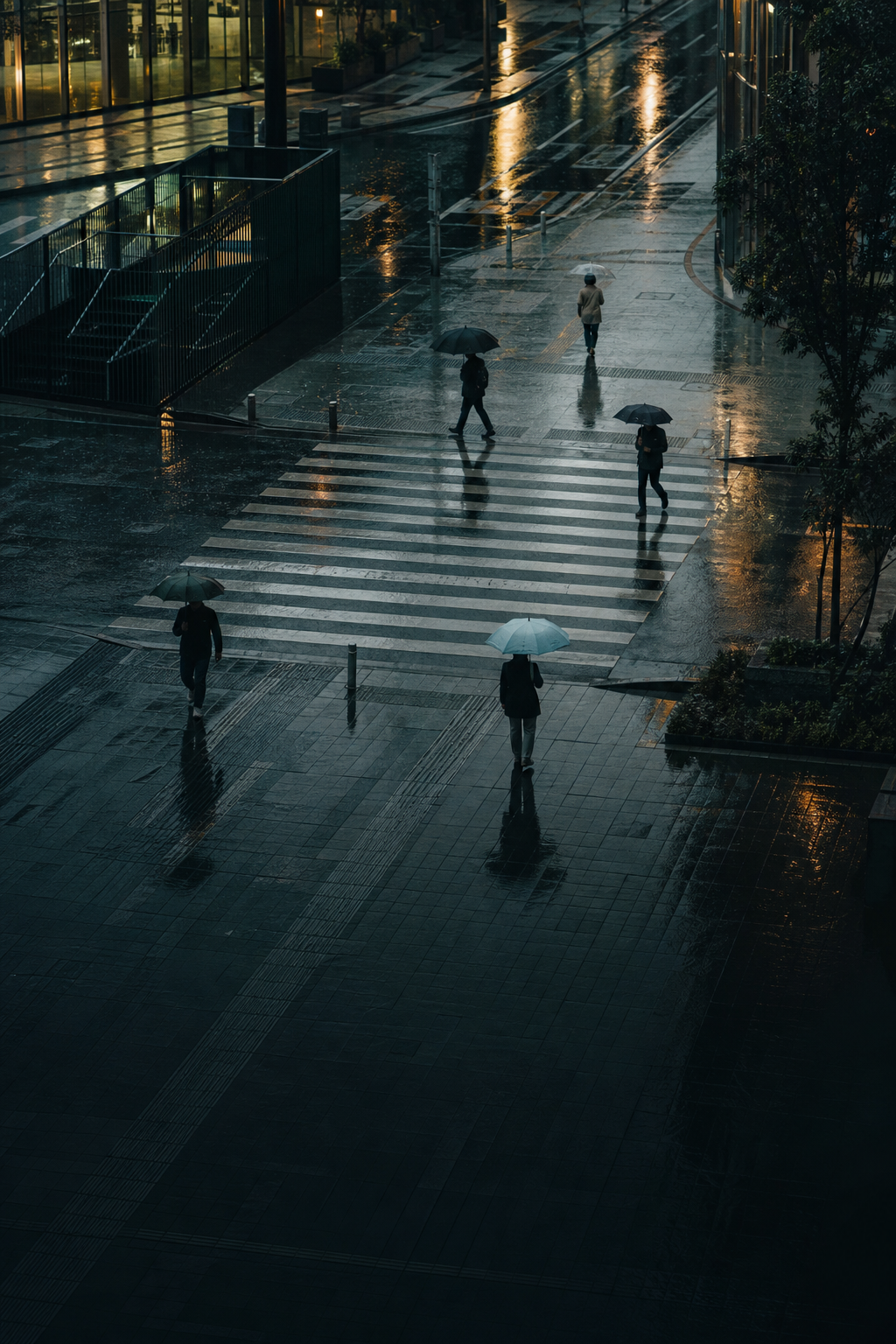 雨后街头的行人与斑马线